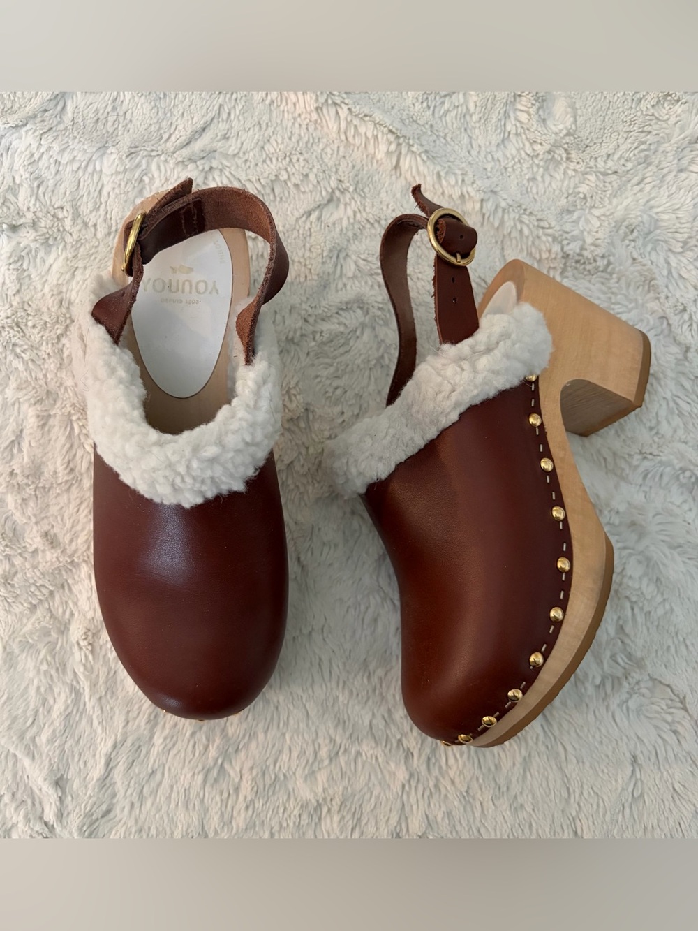 Sabot Youyou Brown Leather Fur Trim Wooden Clogs 37